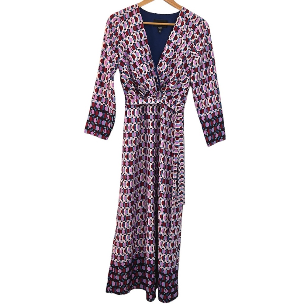 Donna Morgan Caelen Geo Wrap Tie Waist Long Sleeve Maxi Dress Purple Boho 4 - Picture 3 of 10